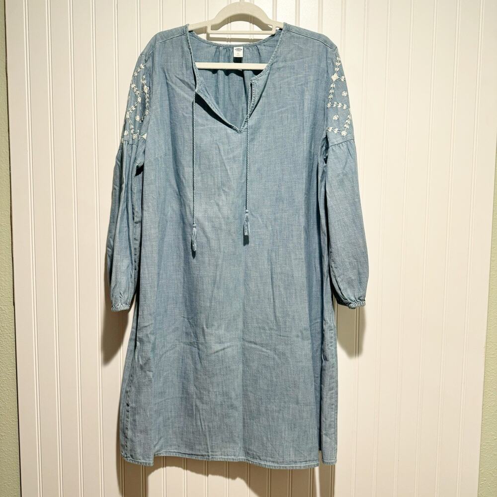 Old Navy Chambray Denim Peasant Dress Embroidered Sleeves Boho Size XL